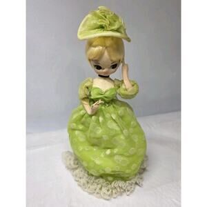 Vintage 70s Bradley Doll Big Eyed Elegant Southern Belle Green Dress Hat 9”